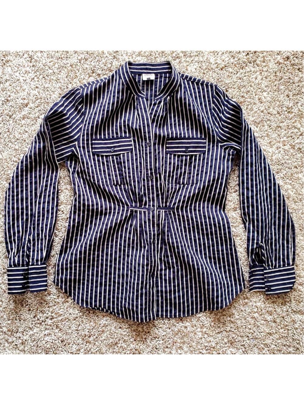 Armani Button Down Shirt Navy Blue Striped Collared Long Sleeve Size 8